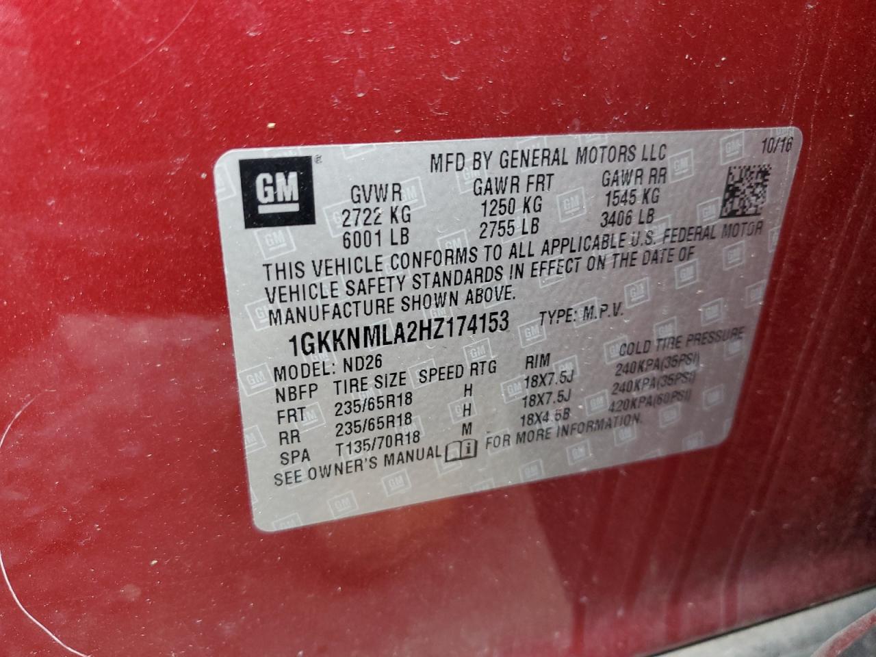 2017 GMC Acadia Slt-1 VIN: 1GKKNMLA2HZ174153 Lot: 82761935