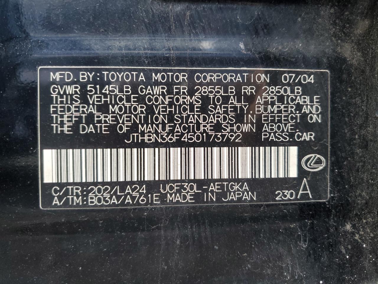 2005 Lexus Ls 430 VIN: JTHBN36F450173792 Lot: 89796655