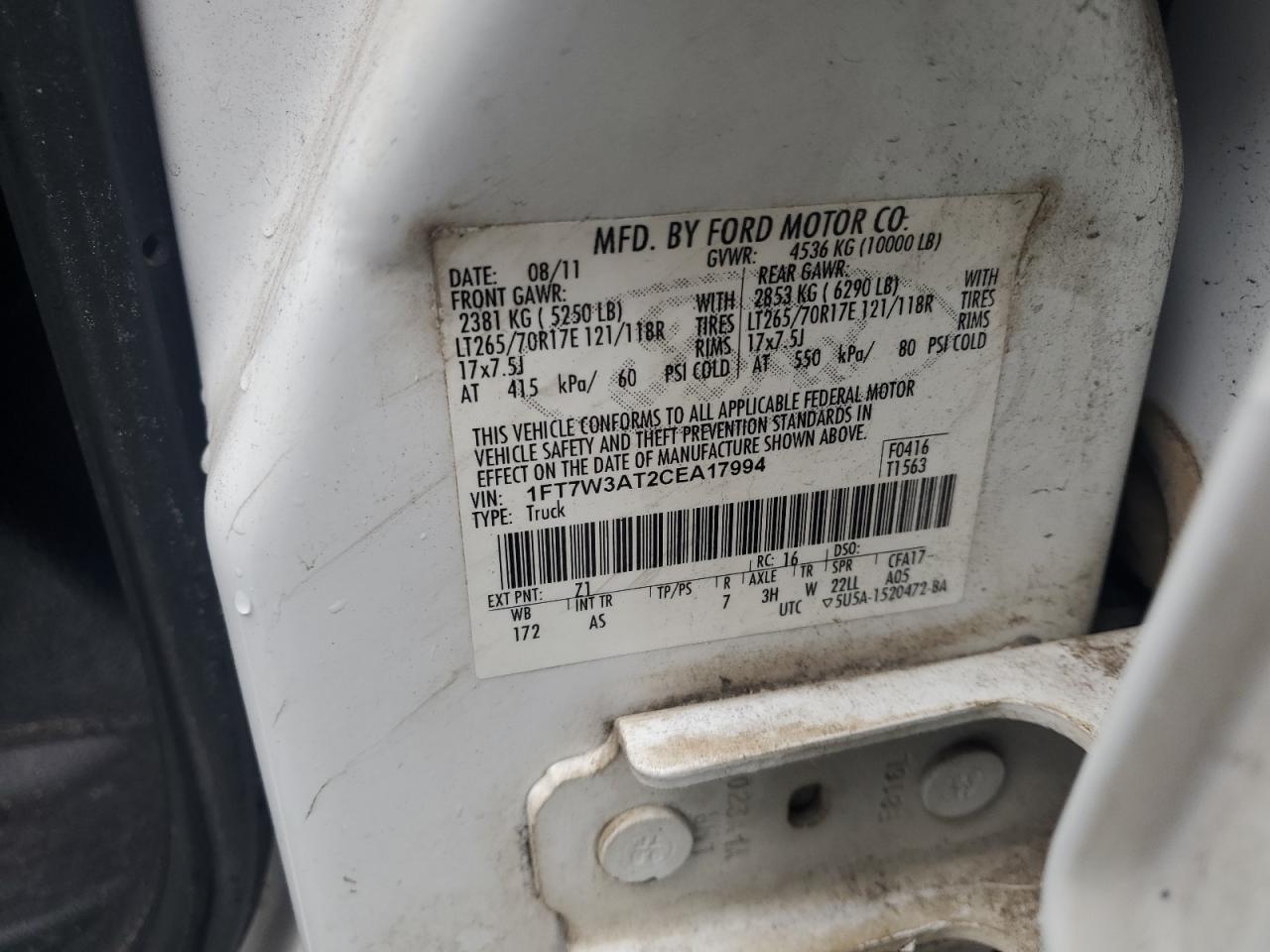 2012 Ford F350 Super Duty VIN: 1FT7W3AT2CEA17994 Lot: 85738365