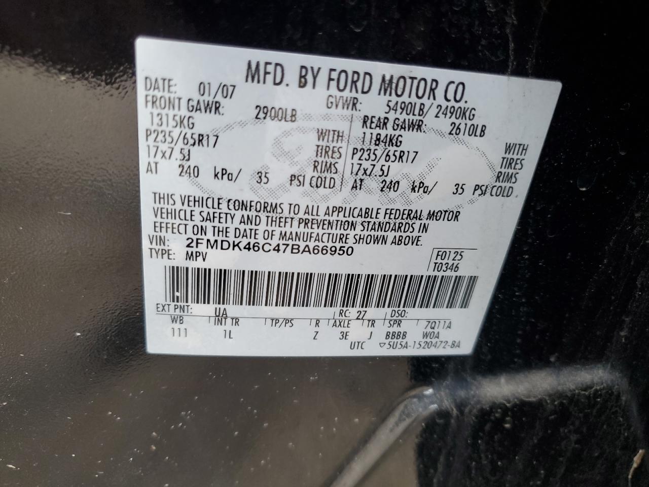 2007 Ford Edge Se VIN: 2FMDK46C47BA66950 Lot: 86188705