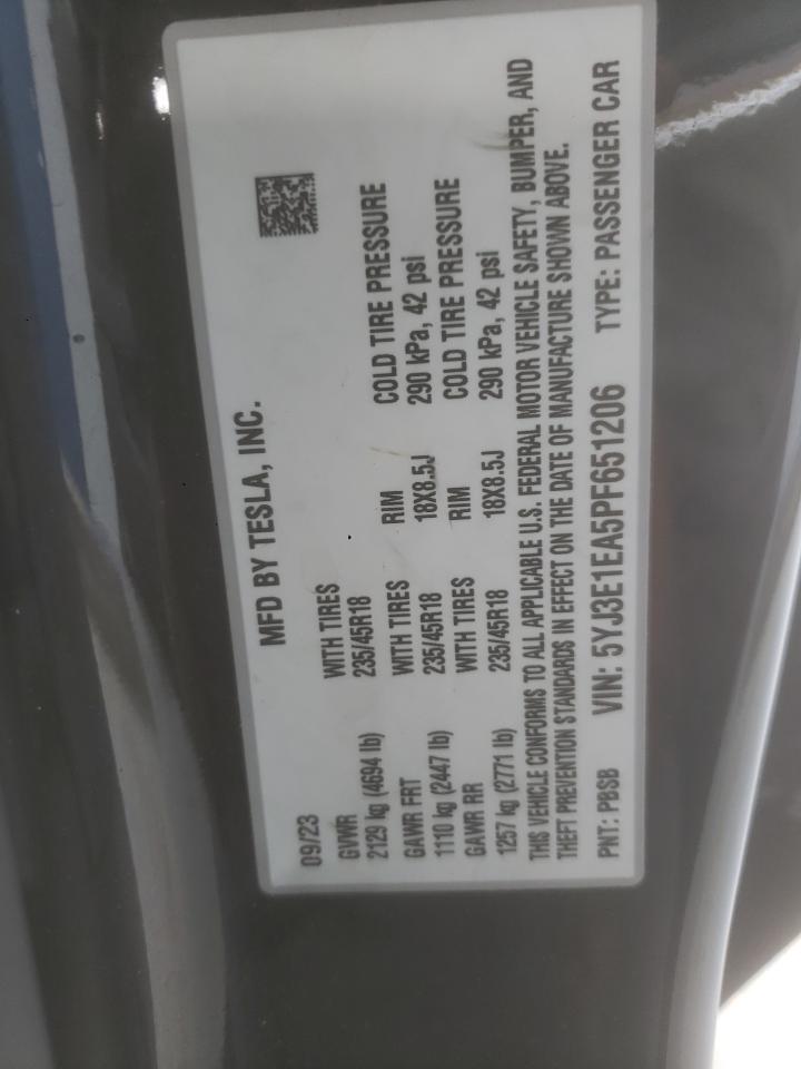 2023 Tesla Model 3 VIN: 5YJ3E1EA5PF651206 Lot: 87291205