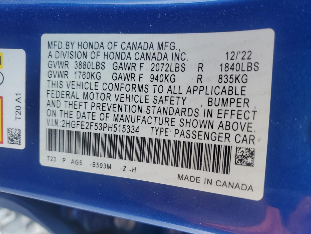 2023 Honda Civic Sport VIN: 2HGFE2F53PH515334 Lot: 84617655