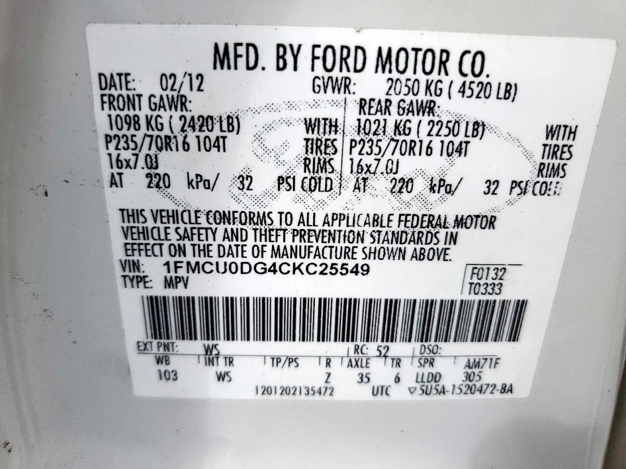 2012 Ford Escape Xlt VIN: 1FMCU0DG4CKC25549 Lot: 90273085