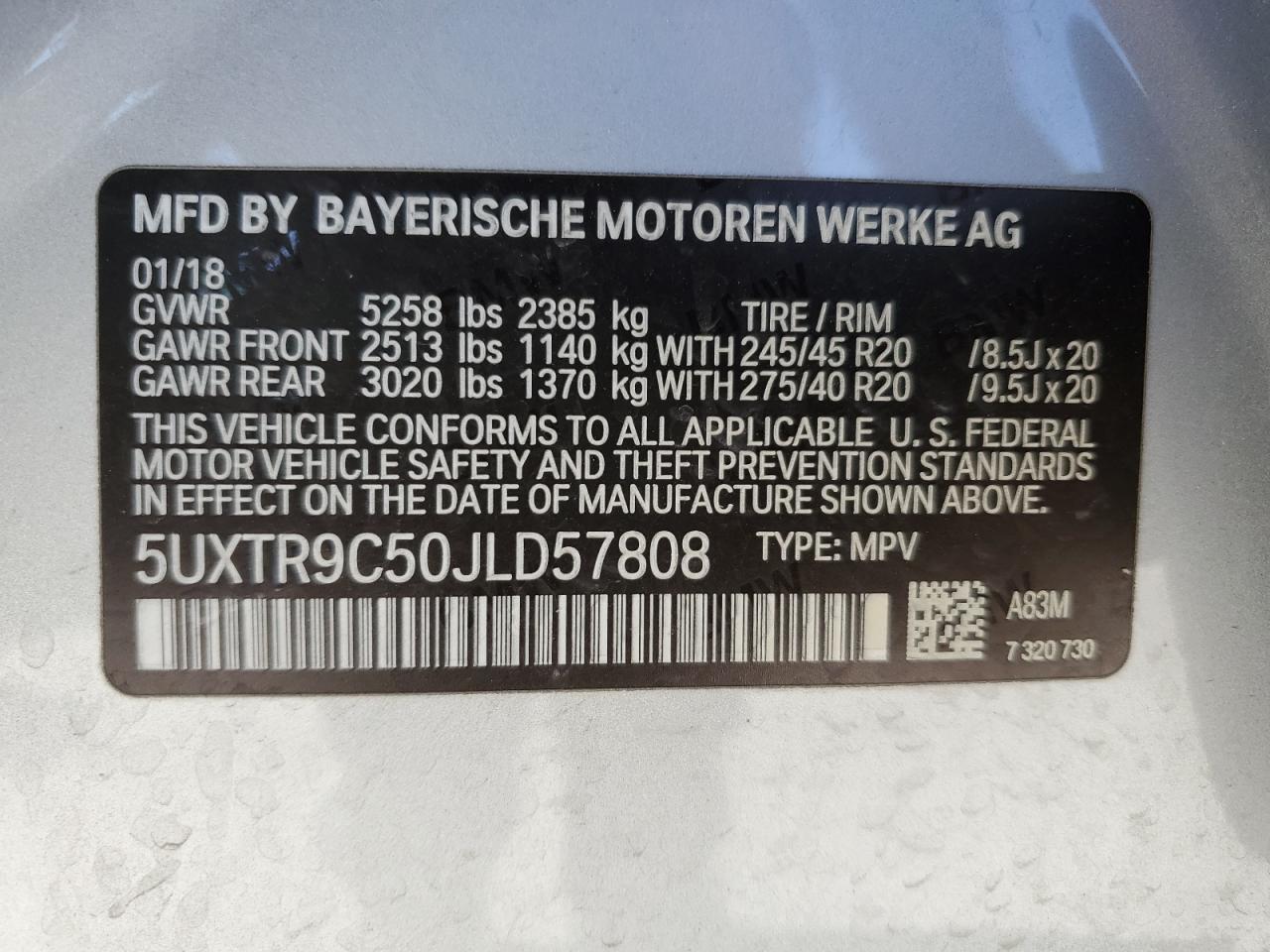 2018 BMW X3 xDrive30I VIN: 5UXTR9C50JLD57808 Lot: 82246875