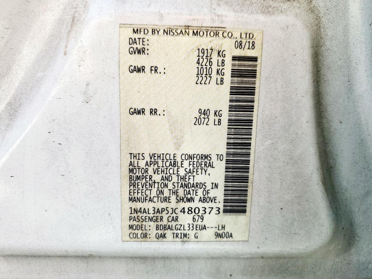 2018 Nissan Altima 2.5 VIN: 1N4AL3AP5JC480373 Lot: 86068405