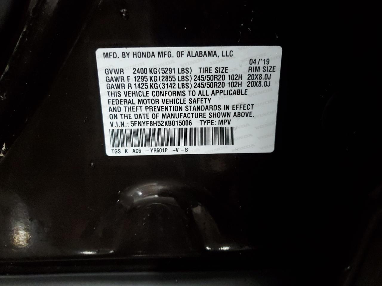2019 Honda Passport Exl VIN: 5FNYF8H52KB015006 Lot: 84813805
