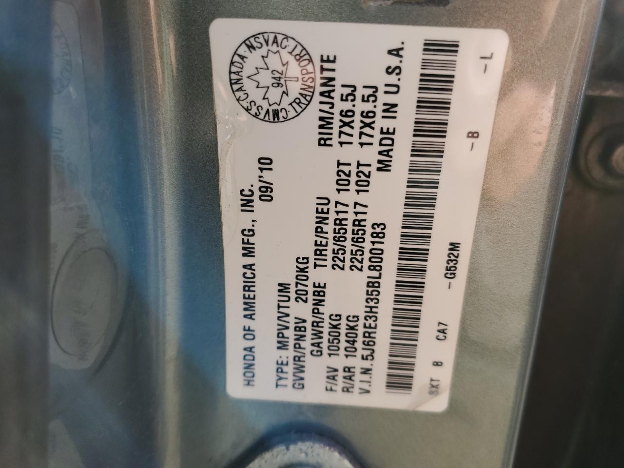 2011 Honda Cr-V Lx VIN: 5J6RE3H35BL800183 Lot: 85715215