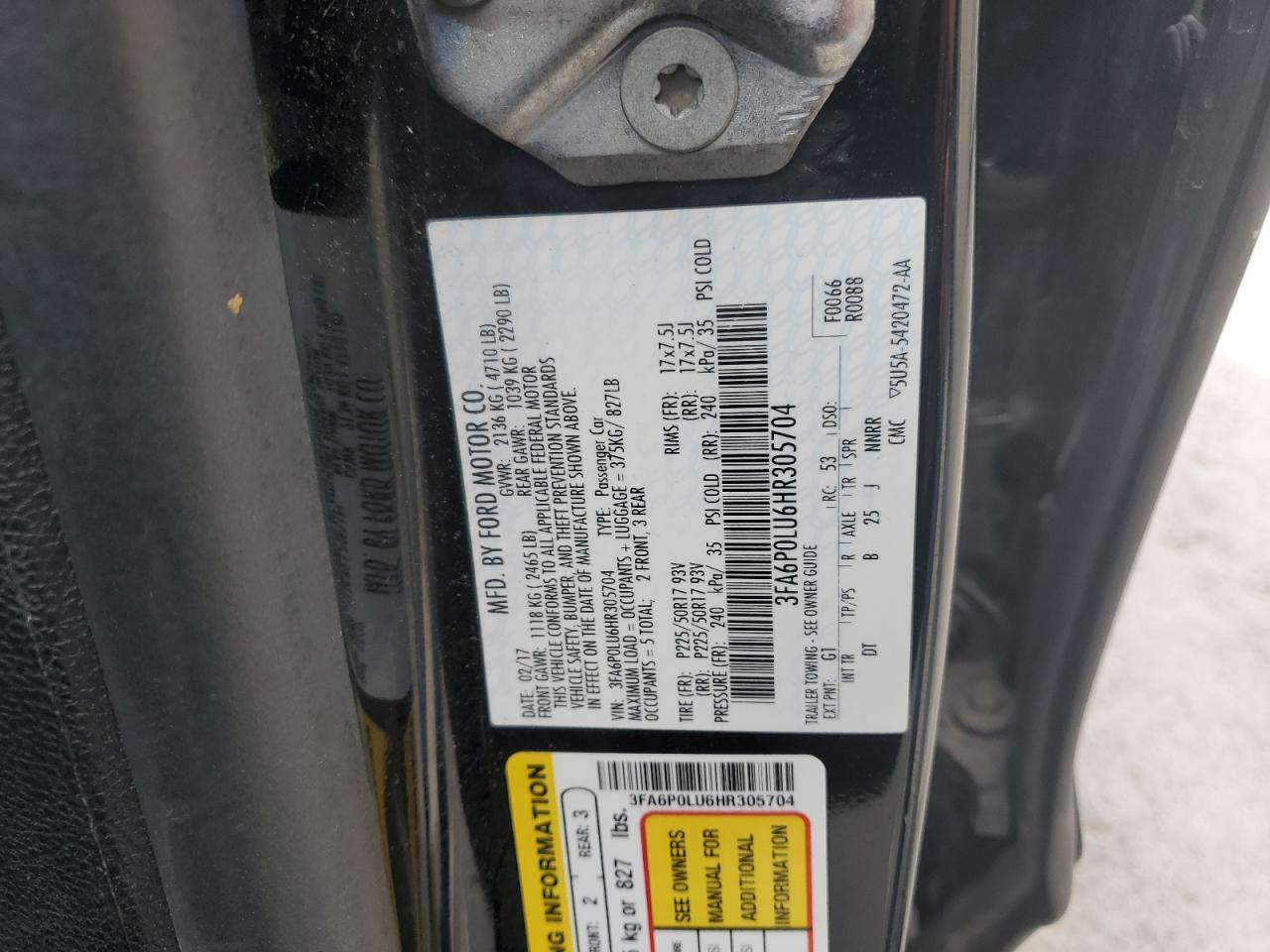 2017 Ford Fusion Se Hybrid VIN: 3FA6P0LU6HR305704 Lot: 82544865