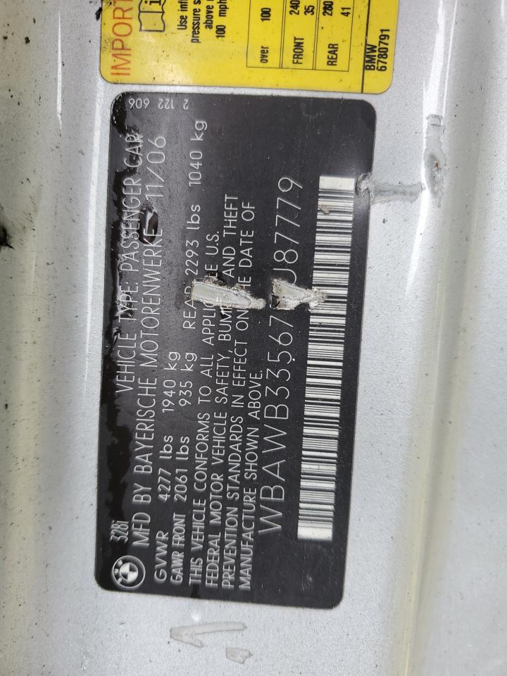 2007 BMW 328 I VIN: WBAWB33567PU87779 Lot: 85403835