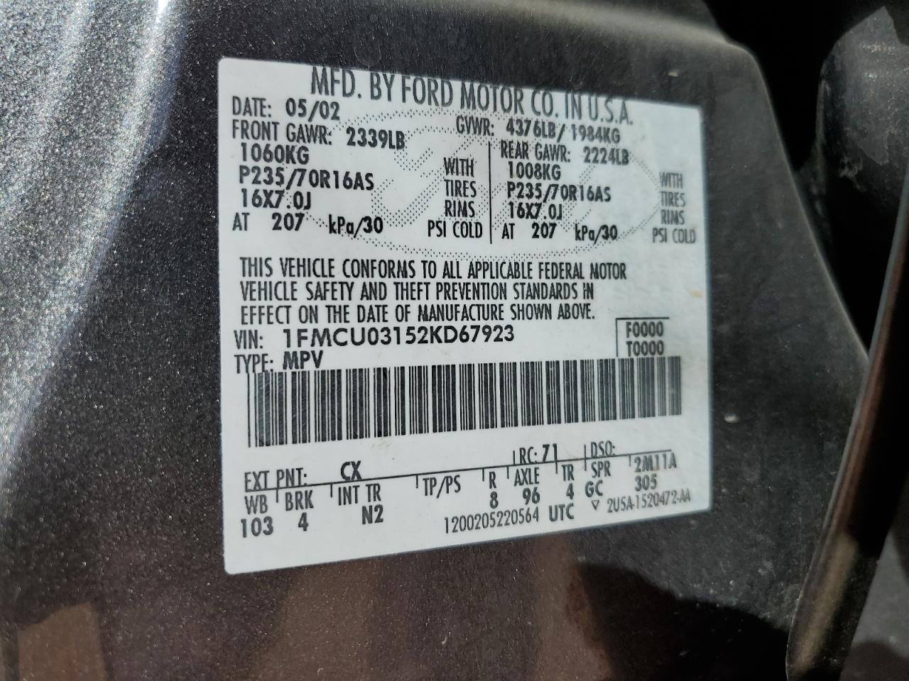 2002 Ford Escape Xlt VIN: 1FMCU03152KD67923 Lot: 85289285