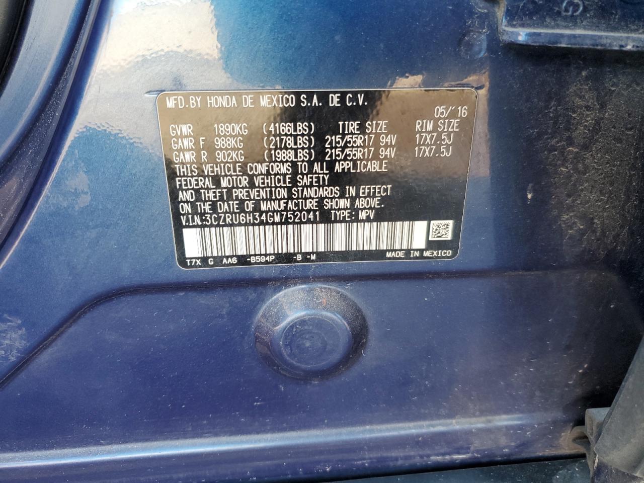 2016 Honda Hr-V Lx VIN: 3CZRU6H34GM752041 Lot: 85722205