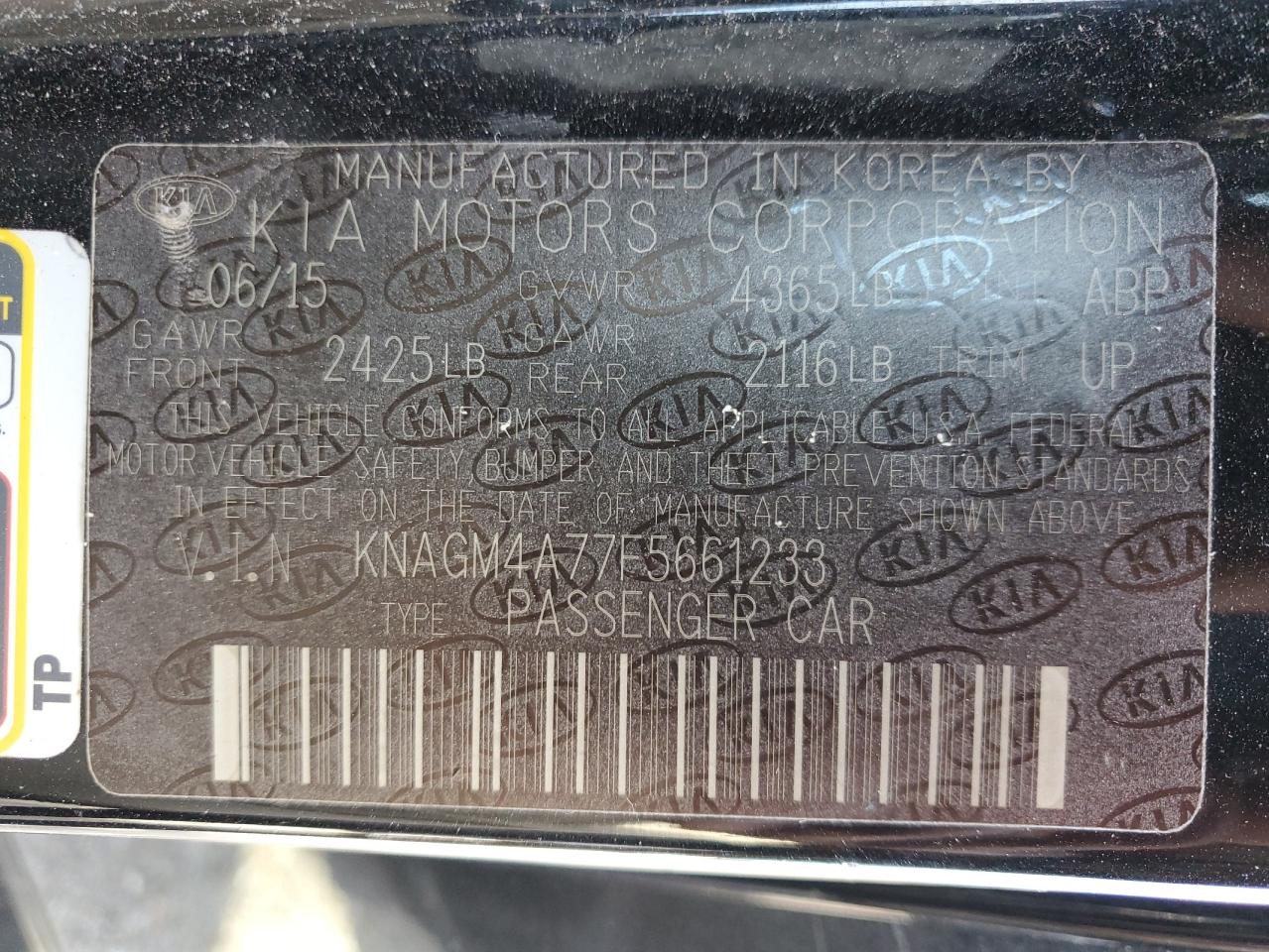 2015 Kia Optima Lx VIN: KNAGM4A77F5661233 Lot: 85178405