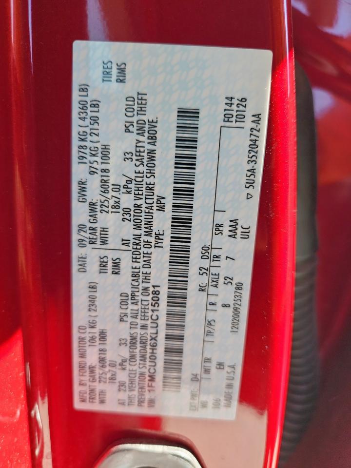 2020 Ford Escape Sel VIN: 1FMCU0H6XLUC15081 Lot: 82302525