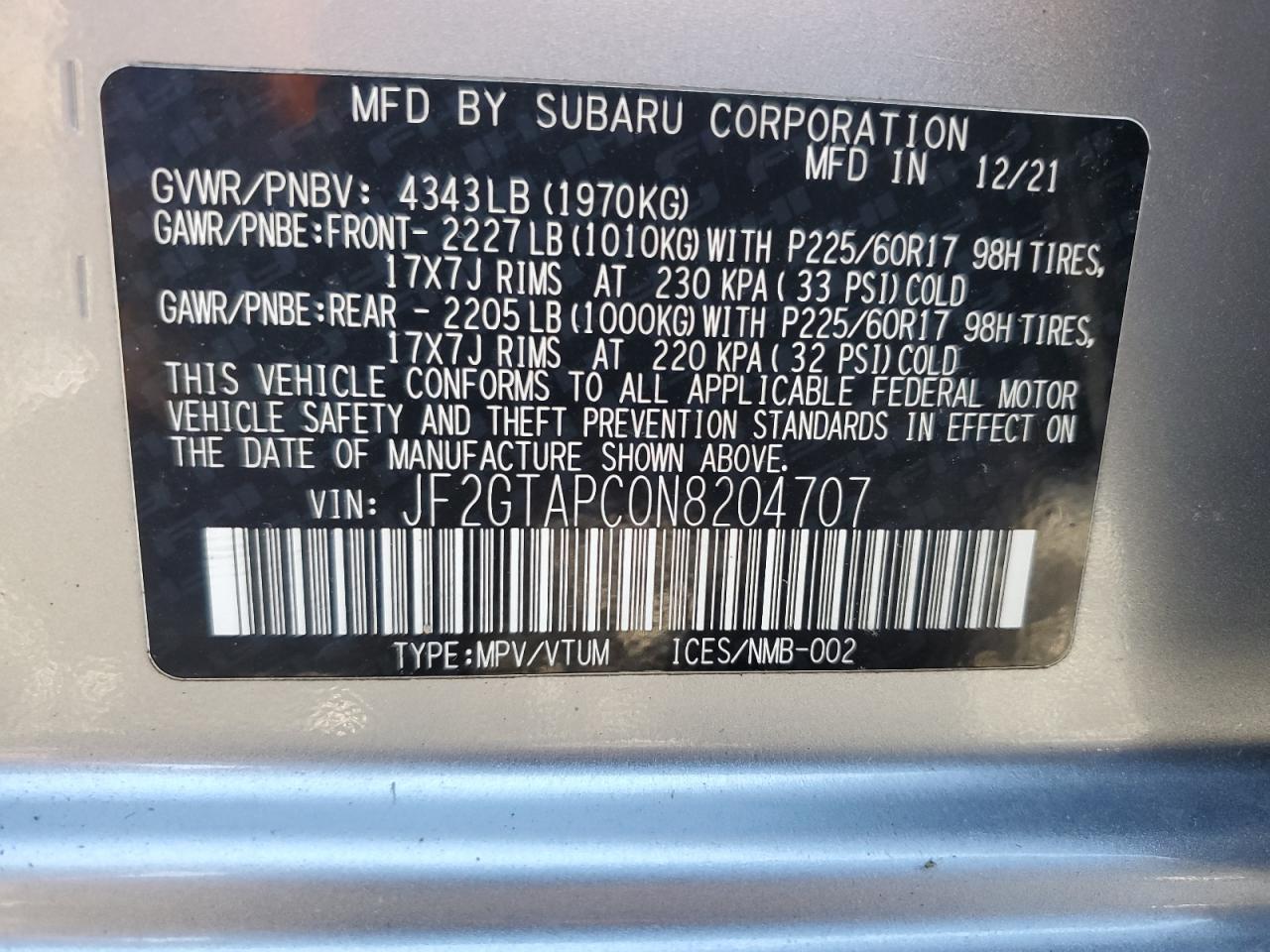 2022 Subaru Crosstrek Premium VIN: JF2GTAPC0N8204707 Lot: 87227765