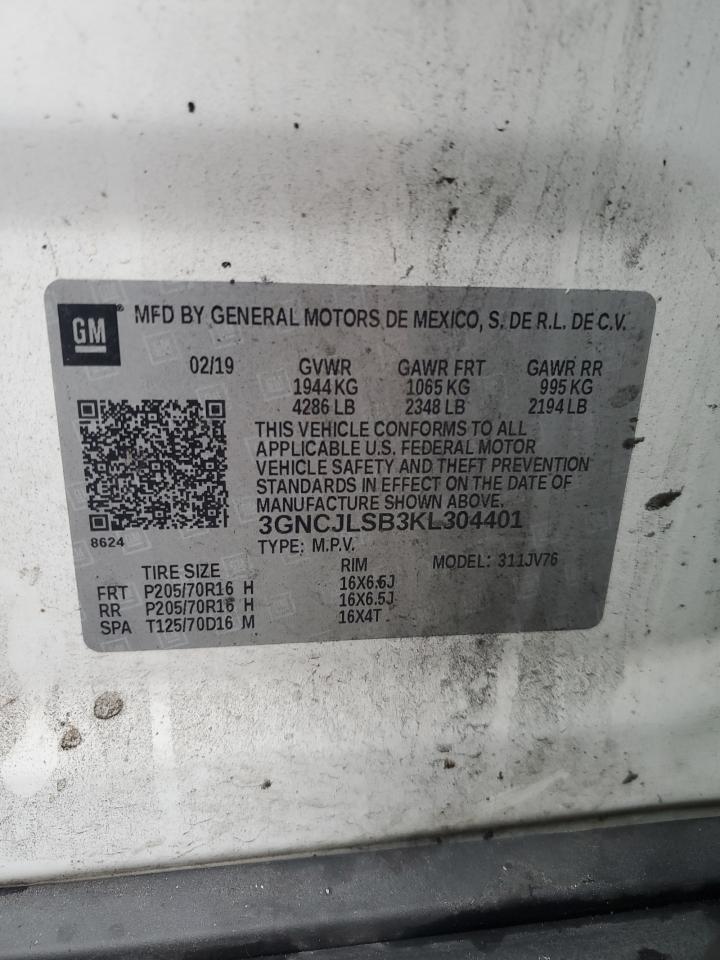 2019 Chevrolet Trax 1Lt VIN: 3GNCJLSB3KL304401 Lot: 82600475