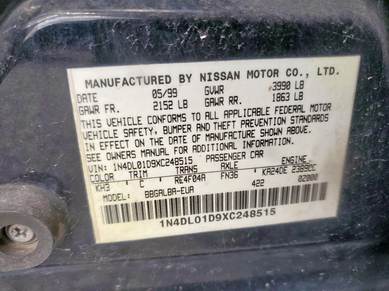 1999 Nissan Altima Xe VIN: 1N4DL01D9XC248515 Lot: 71782105