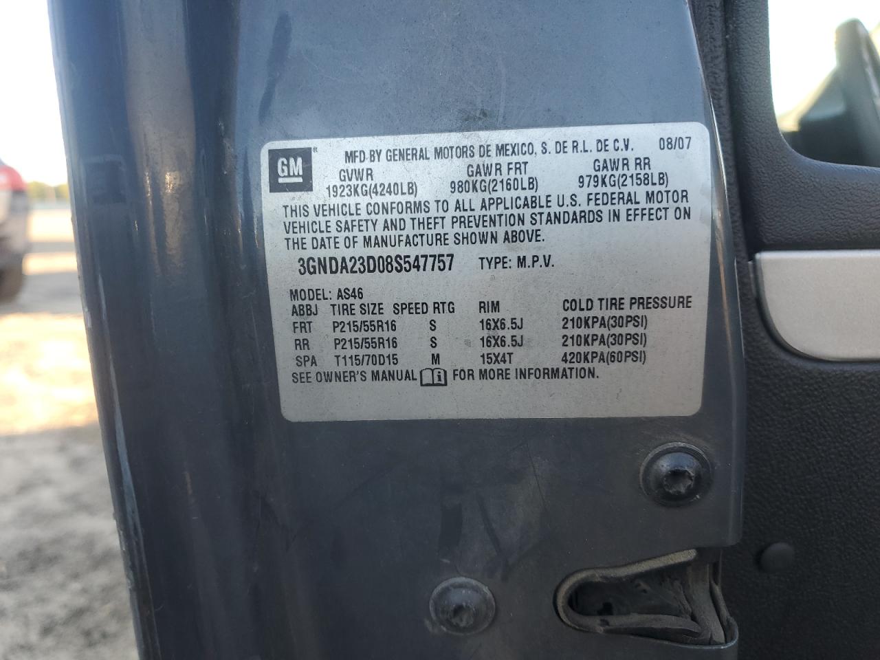 2008 Chevrolet Hhr Lt VIN: 3GNDA23D08S547757 Lot: 87304315