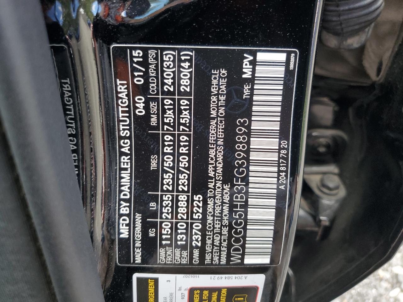 2015 Mercedes-Benz Glk 350 VIN: WDCGG5HB3FG398893 Lot: 85508395