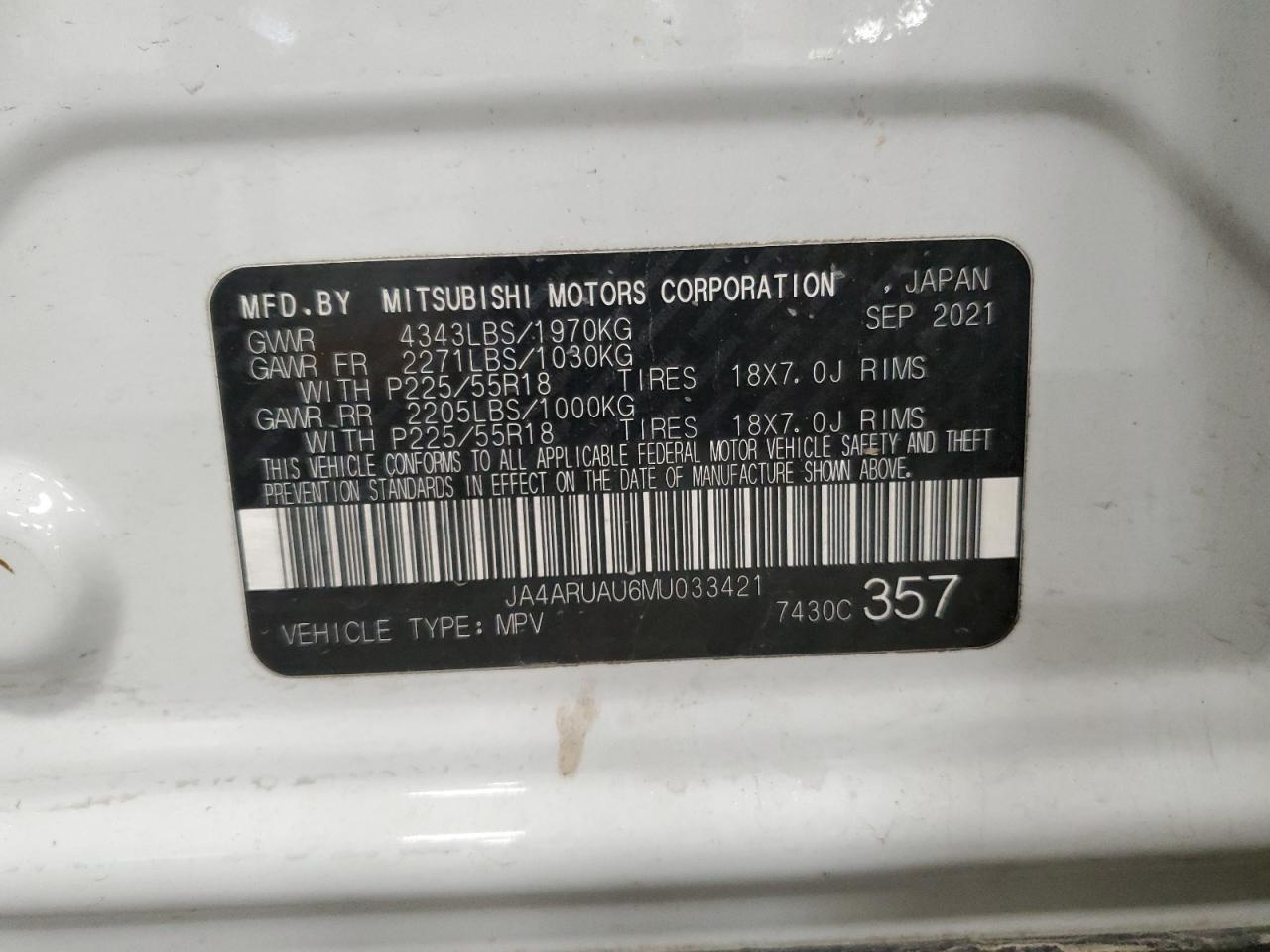 2021 Mitsubishi Outlander Sport Es VIN: JA4ARUAU6MU033421 Lot: 89873365