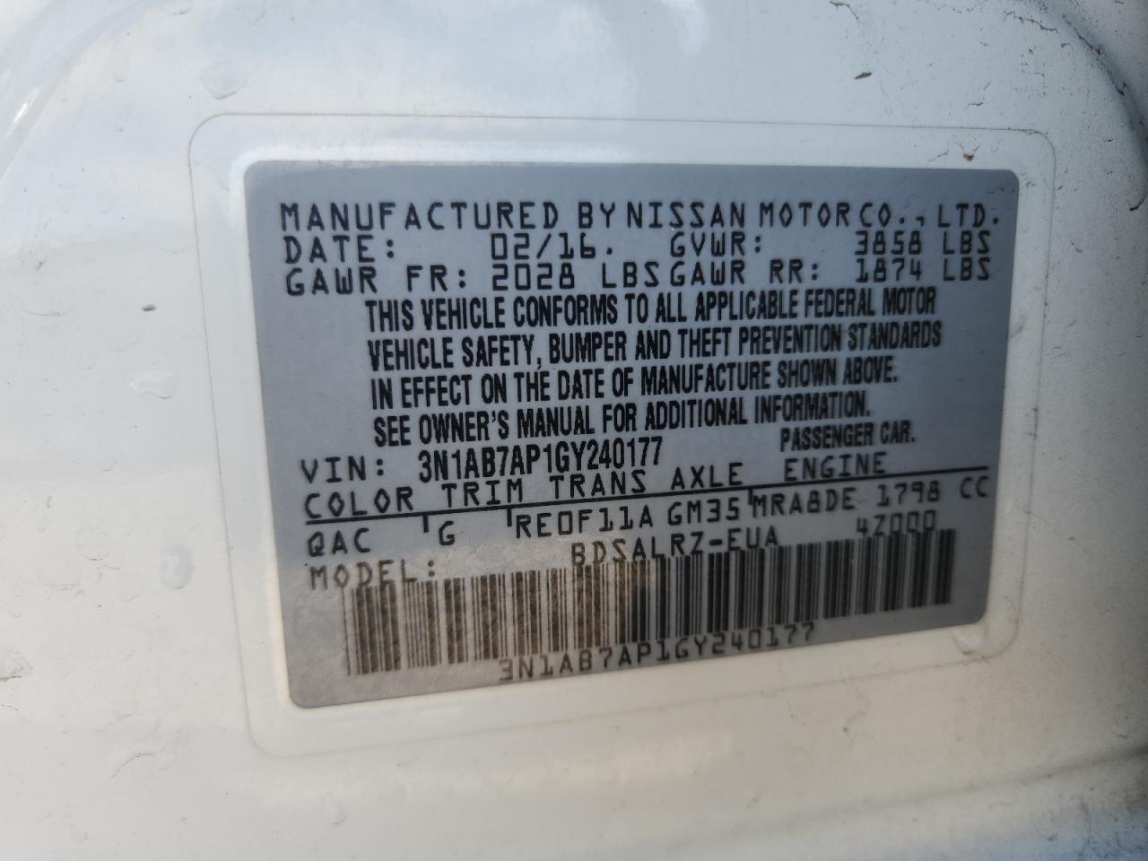 2016 Nissan Sentra S VIN: 3N1AB7AP1GY240177 Lot: 85863015