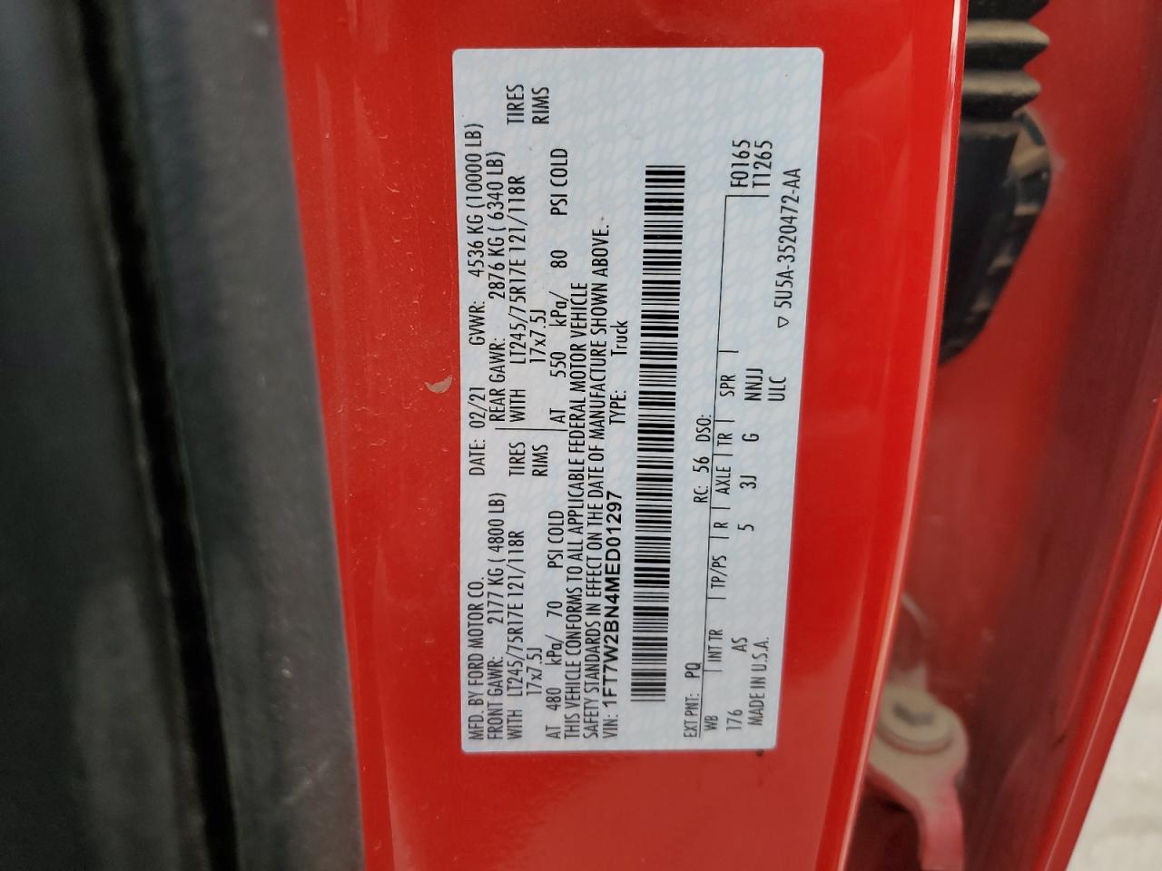 2021 Ford F250 Super Duty VIN: 1FT7W2BN4MED01297 Lot: 85406345