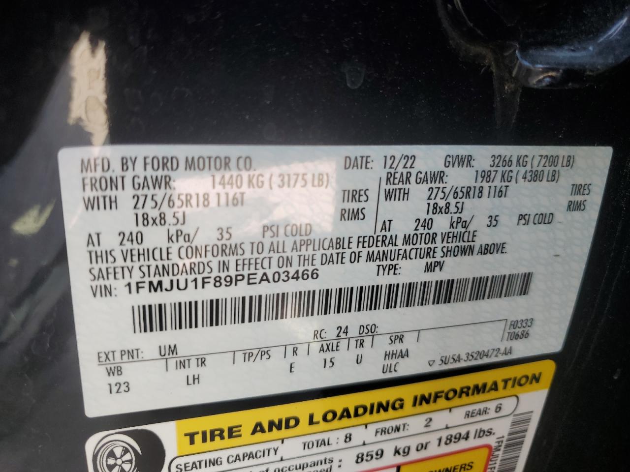 2023 Ford Expedition Xl VIN: 1FMJU1F89PEA03466 Lot: 85912215