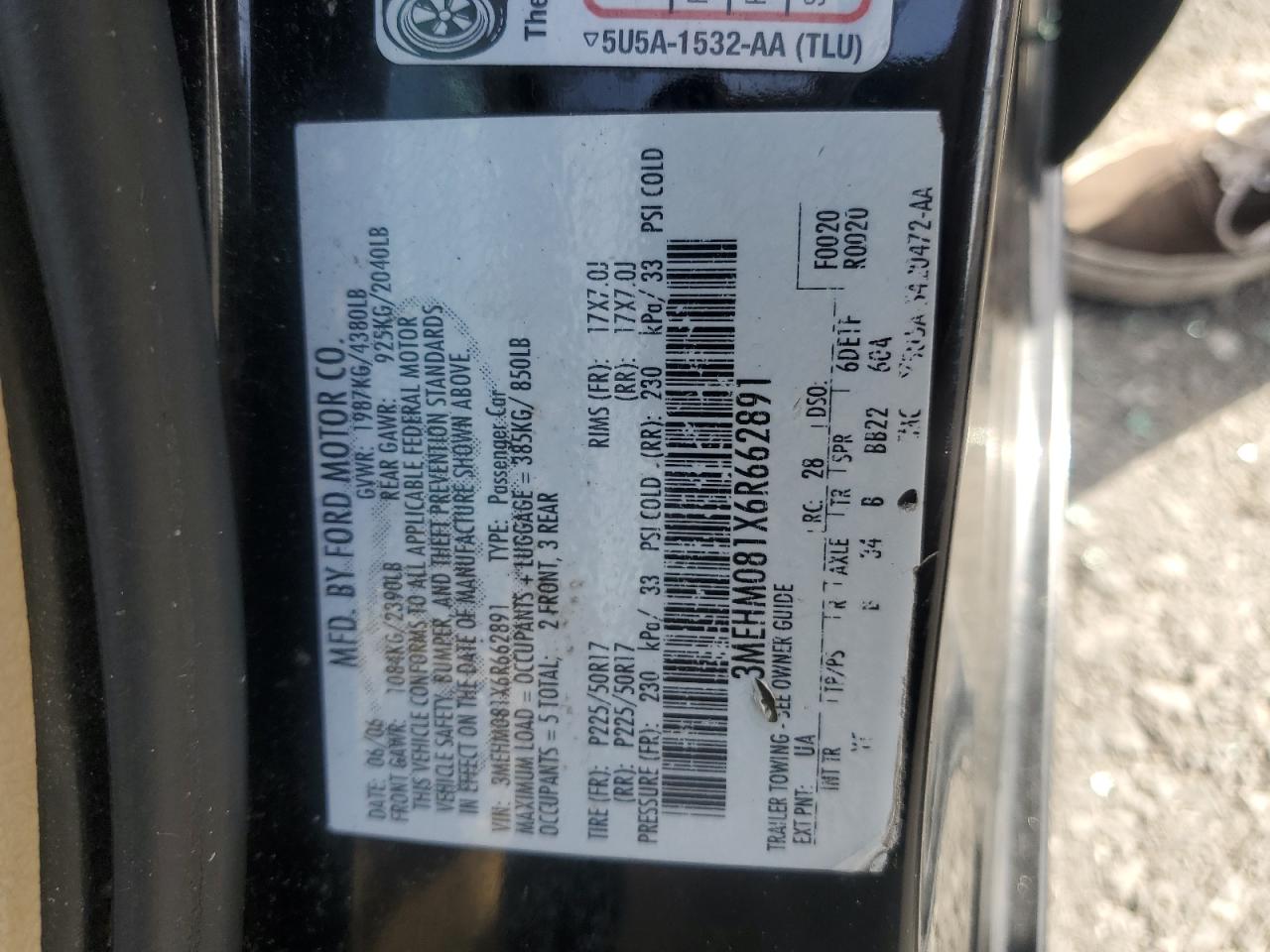 2006 Mercury Milan Premier VIN: 3MEHM081X6R662891 Lot: 84923605