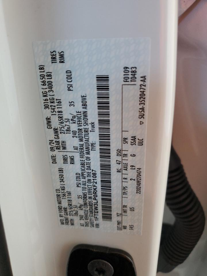 2024 Ford F150 Xlt VIN: 1FTEW3LP0RKF21087 Lot: 87241515