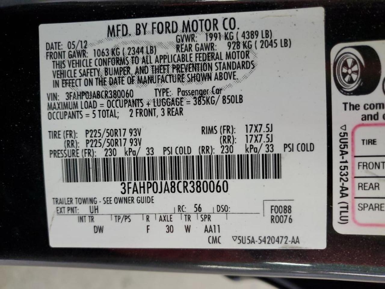 2012 Ford Fusion Sel VIN: 3FAHP0JA8CR380060 Lot: 86301225