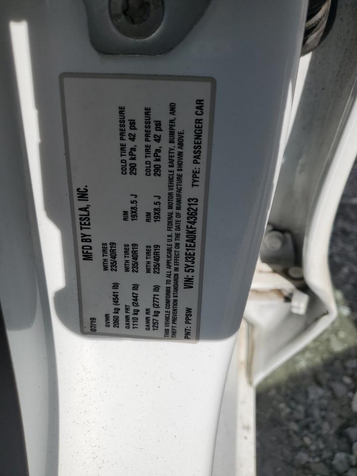 2019 Tesla Model 3 VIN: 5YJ3E1EA0KF436213 Lot: 89668995