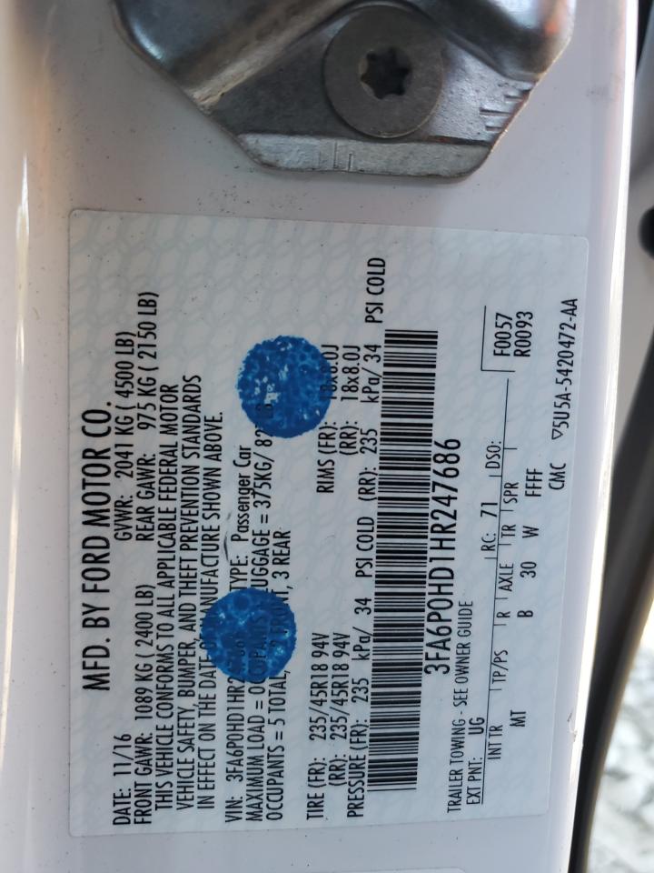 2017 Ford Fusion Se VIN: 3FA6P0HD1HR247686 Lot: 84596465