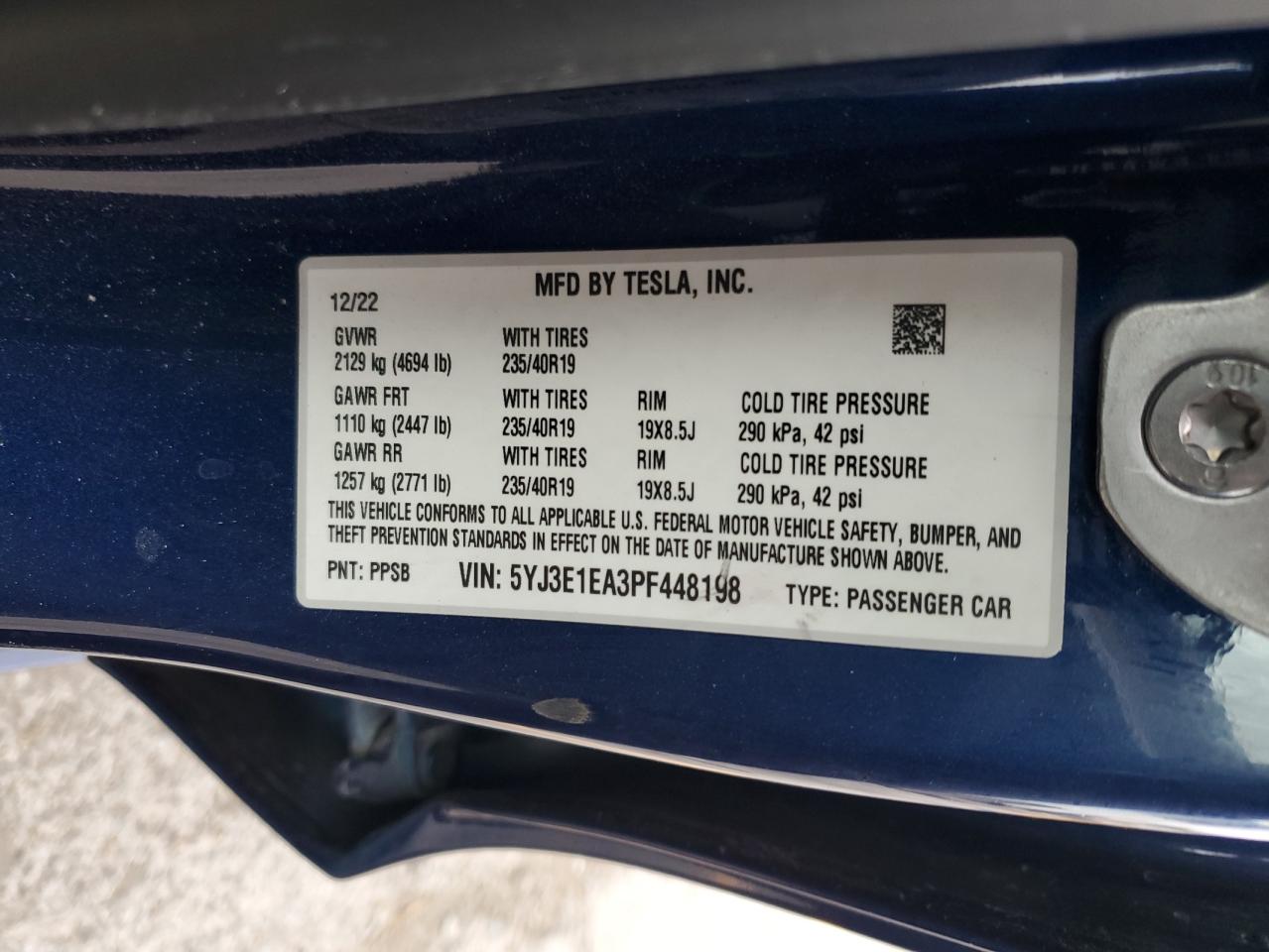 2023 Tesla Model 3 VIN: 5YJ3E1EA3PF448198 Lot: 85296725