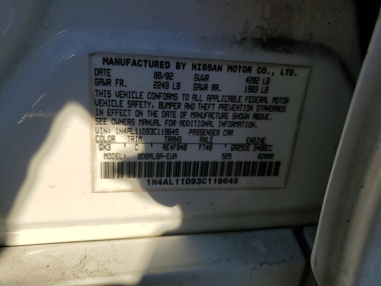 2003 Nissan Altima Base VIN: 1N4AL11D93C119645 Lot: 86896955