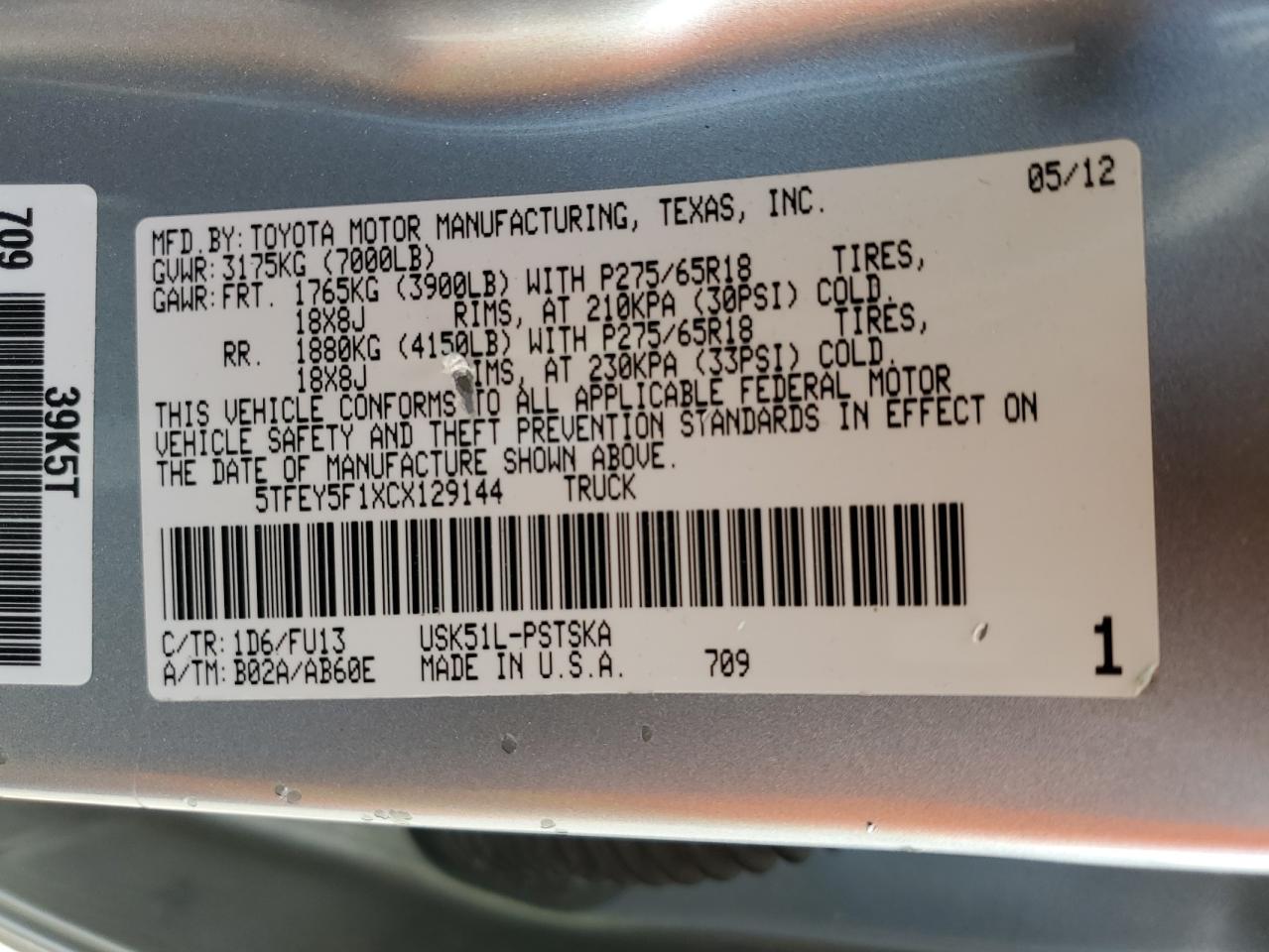 2012 Toyota Tundra Crewmax Sr5 VIN: 5TFEY5F1XCX129144 Lot: 82769475