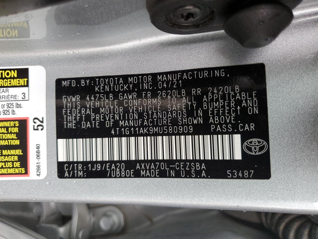 2021 Toyota Camry Se VIN: 4T1G11AK9MU580909 Lot: 86340545