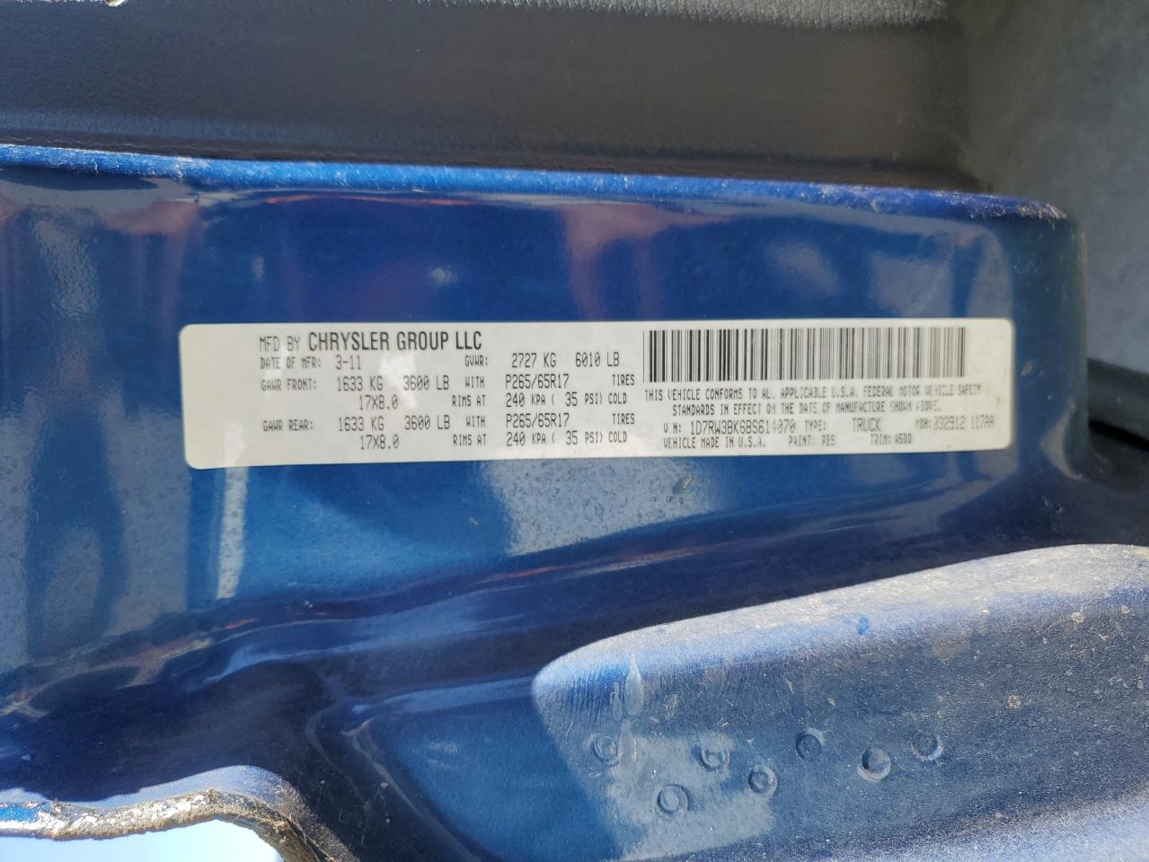 2011 Dodge Dakota Slt VIN: 1D7RW3BK6BS614070 Lot: 86086945