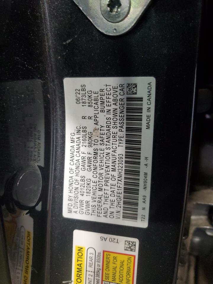 2022 Honda Civic Ex VIN: 2HGFE1F7XNH323093 Lot: 86276405
