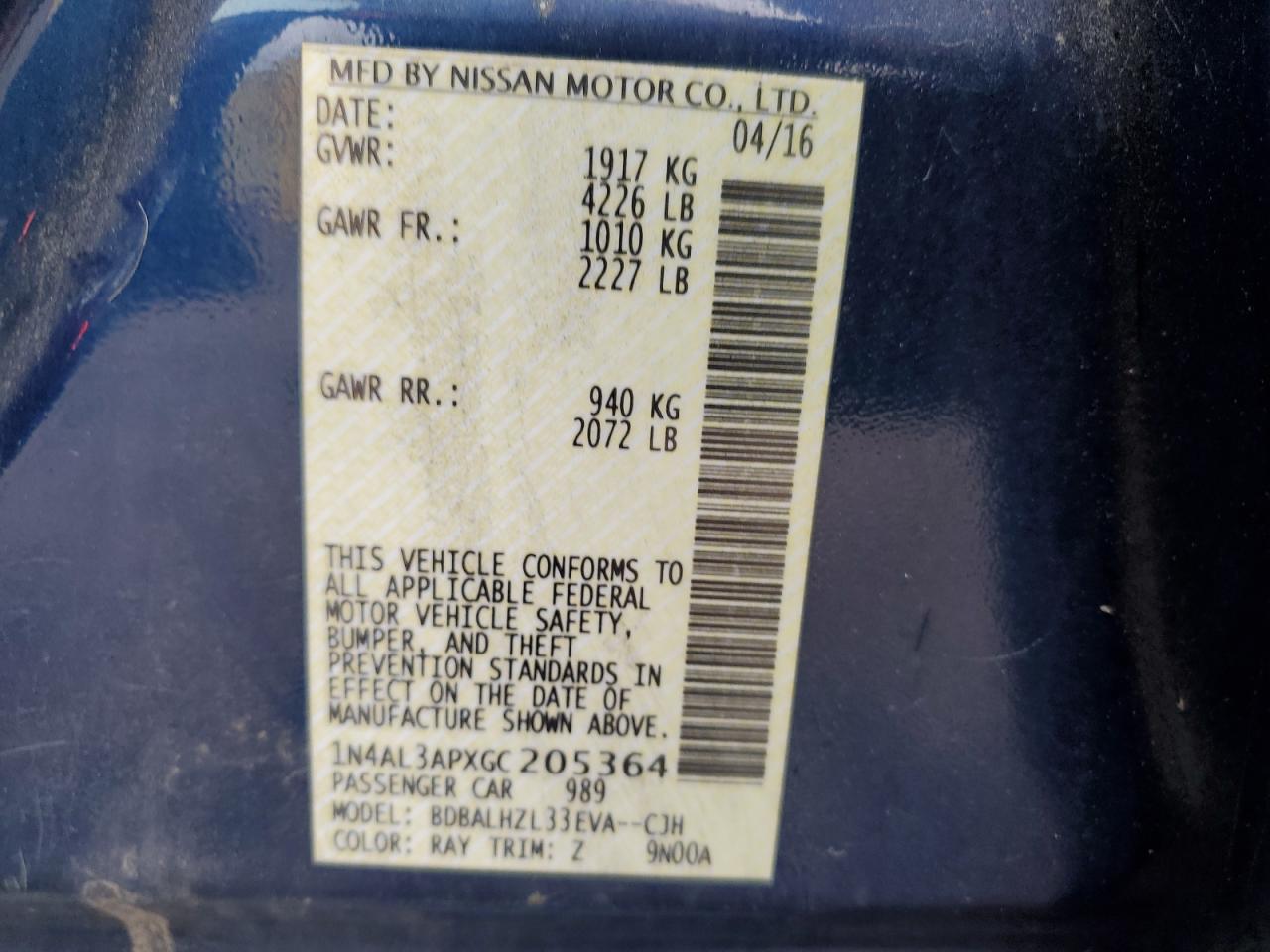 2016 Nissan Altima 2.5 VIN: 1N4AL3APXGC205364 Lot: 86286185