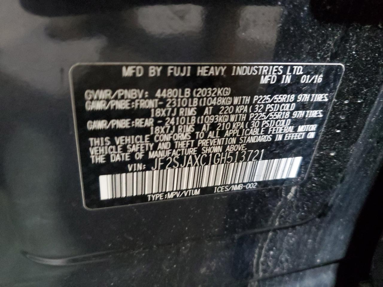 2016 Subaru Forester 2.5I Touring VIN: JF2SJAXC1GH513721 Lot: 85765105