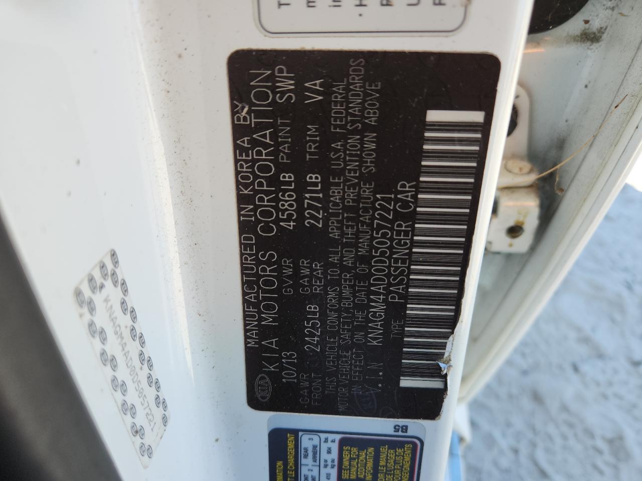 2013 Kia Optima Hybrid VIN: KNAGM4AD0D5057221 Lot: 82488695