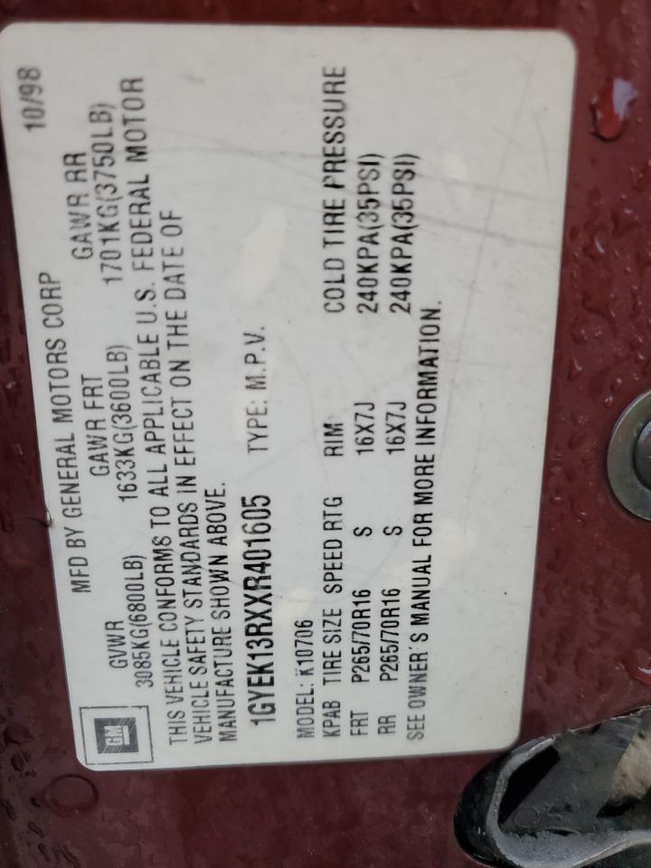 1999 Cadillac Escalade VIN: 1GYEK13RXXR401605 Lot: 85519415