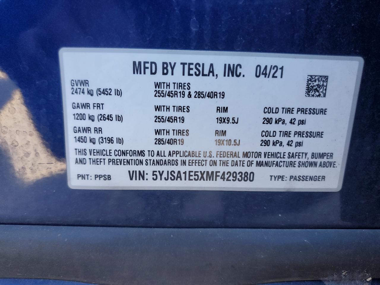 2021 Tesla Model S VIN: 5YJSA1E5XMF429380 Lot: 89690285