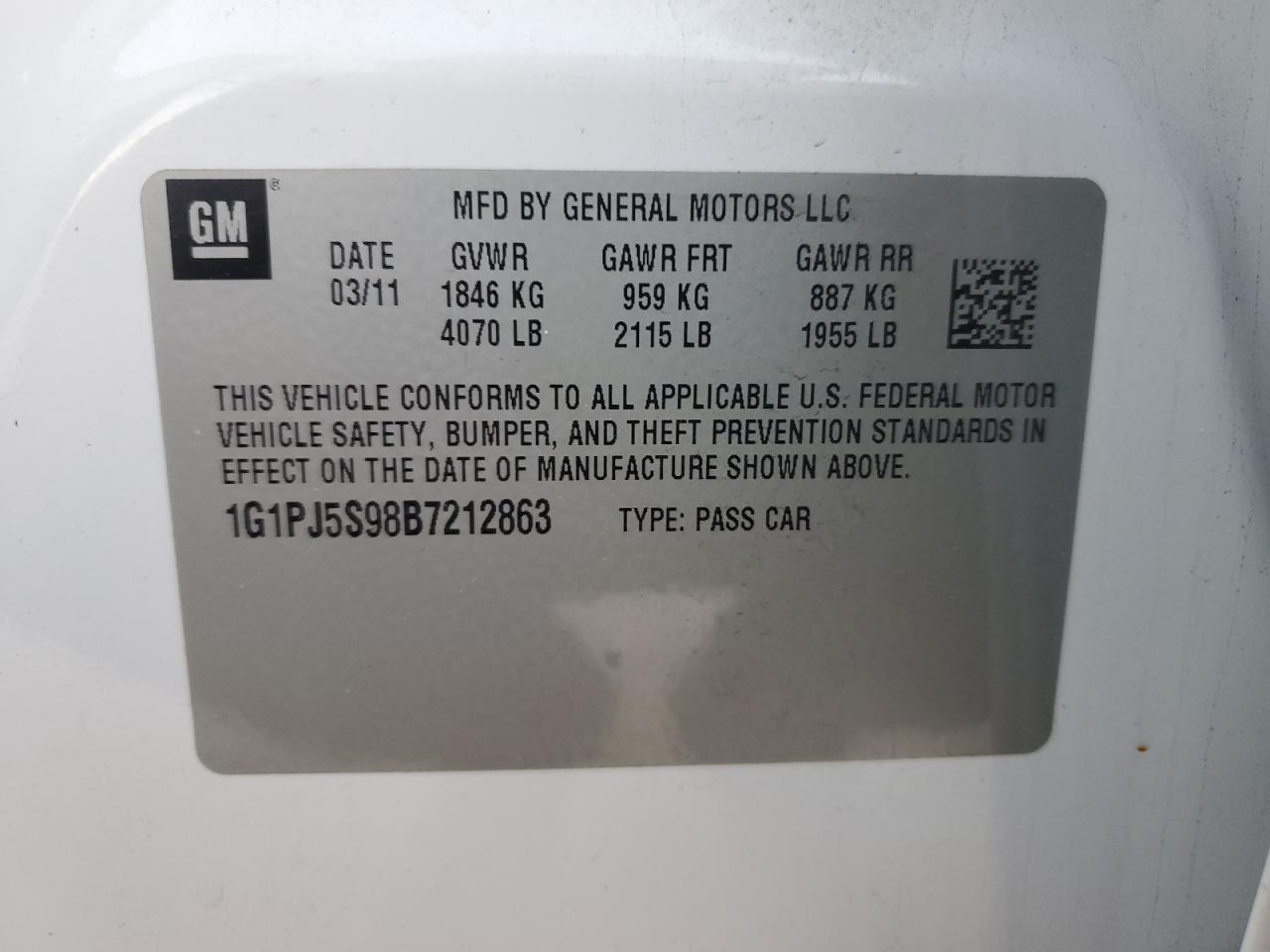 2011 Chevrolet Cruze Eco VIN: 1G1PJ5S98B7212863 Lot: 82272325