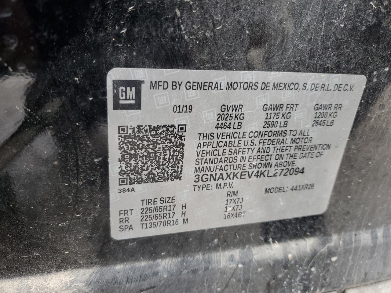 2019 Chevrolet Equinox Lt VIN: 3GNAXKEV4KL272094 Lot: 90416205