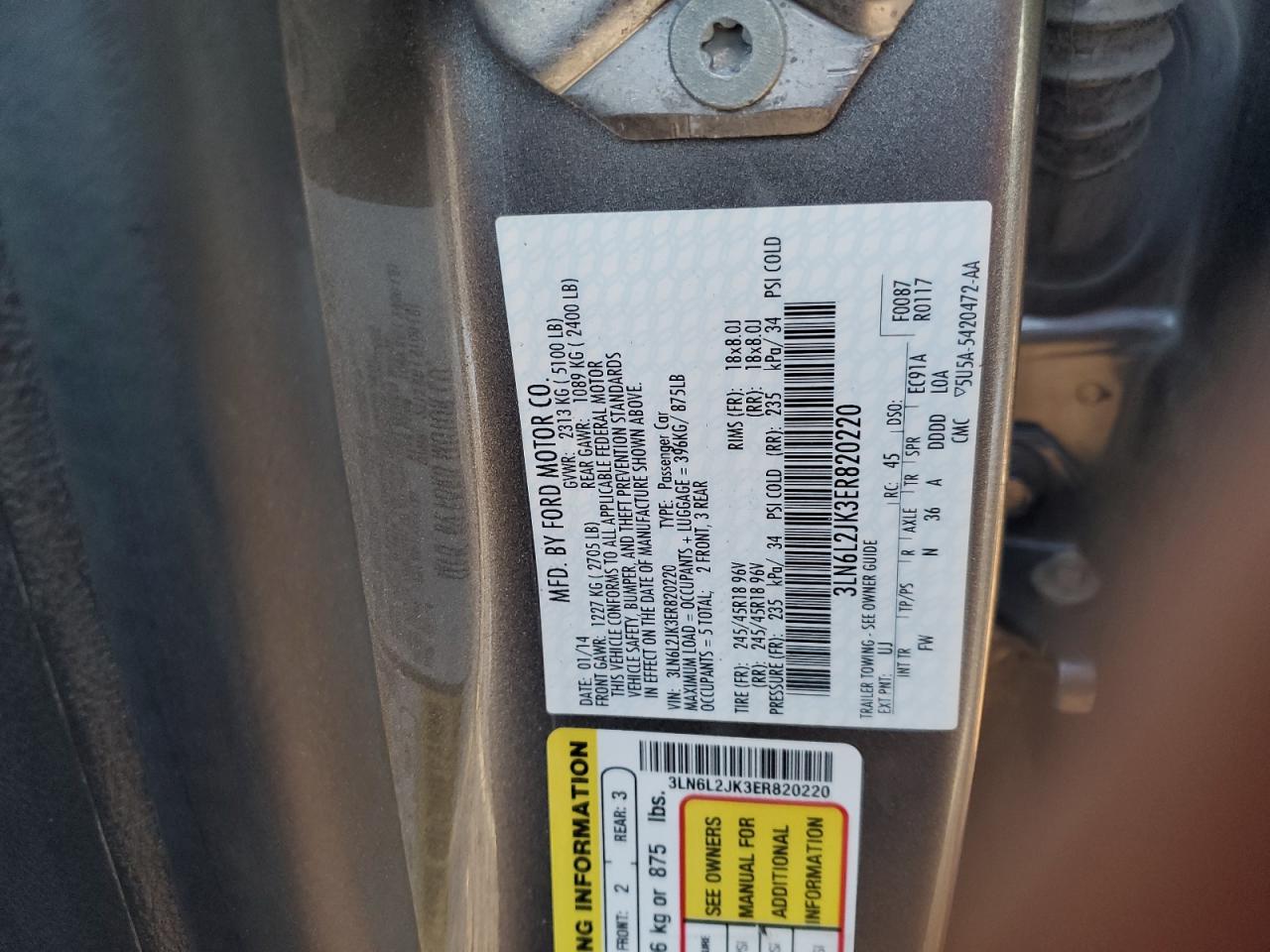 2014 Lincoln Mkz VIN: 3LN6L2JK3ER820220 Lot: 87373895