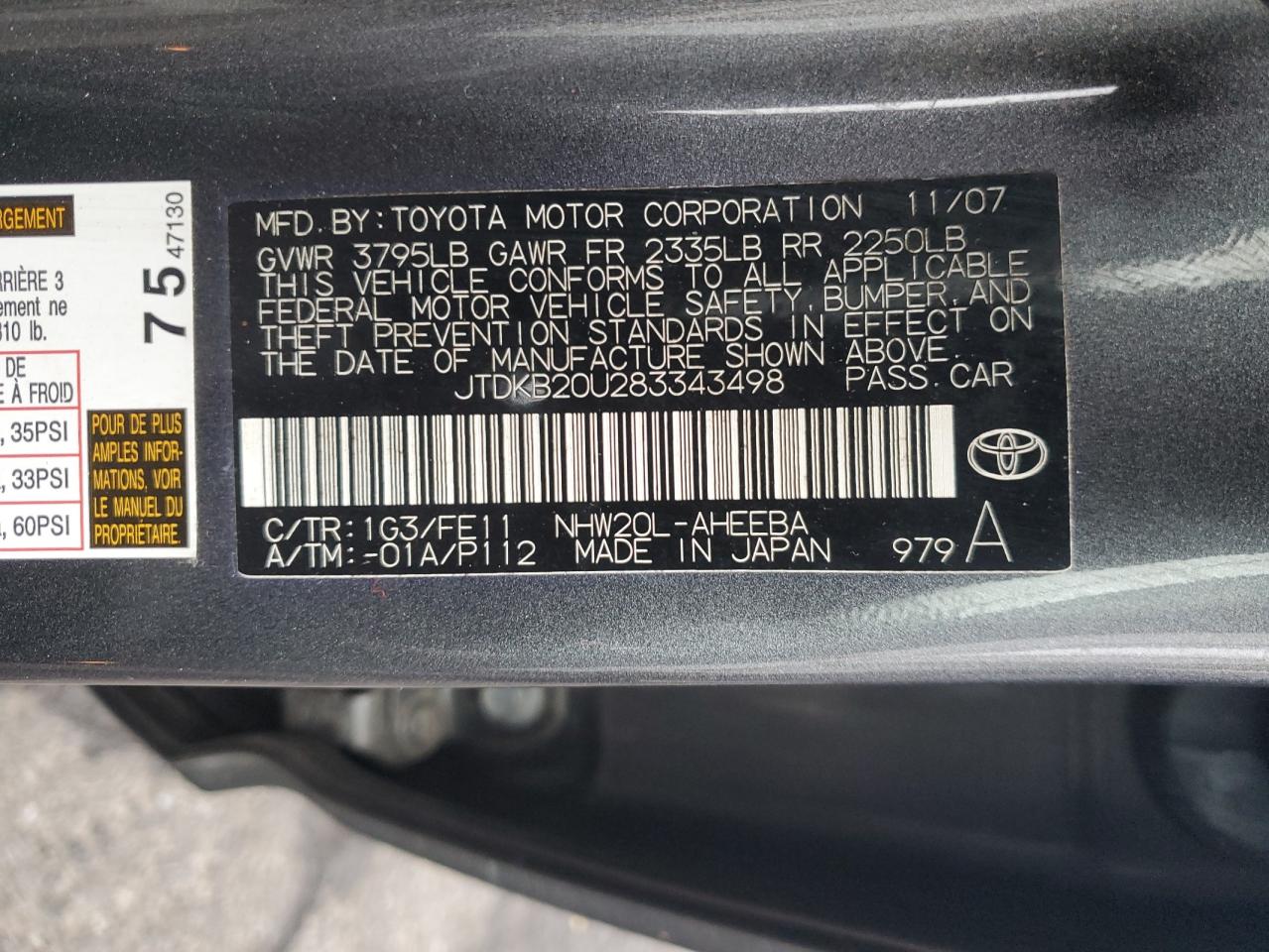 2008 Toyota Prius VIN: JTDKB20U283343498 Lot: 81395685
