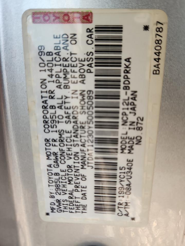 2000 Toyota Echo VIN: JTDAT1230Y5005089 Lot: 85418295