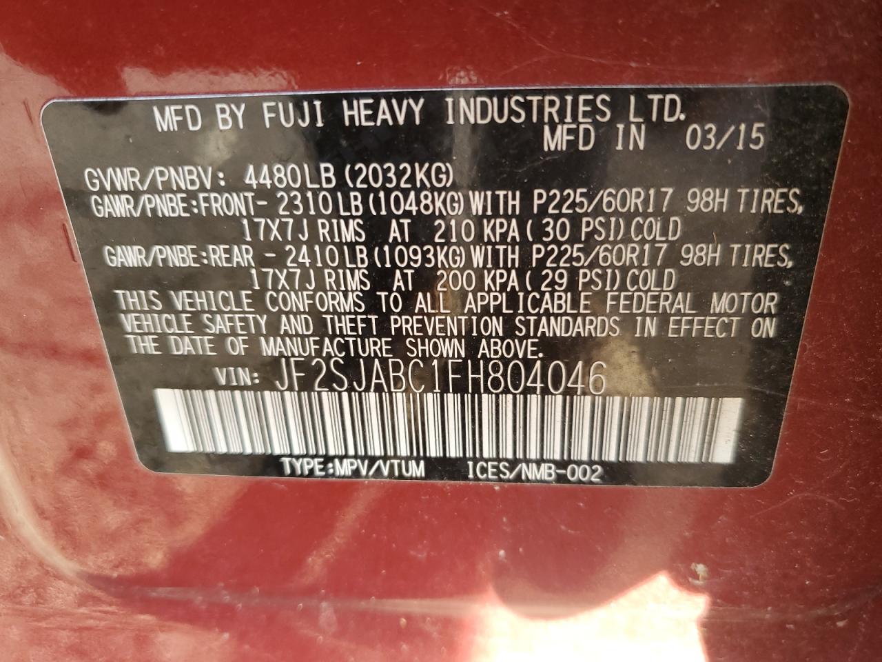 2015 Subaru Forester 2.5I VIN: JF2SJABC1FH804046 Lot: 81909705