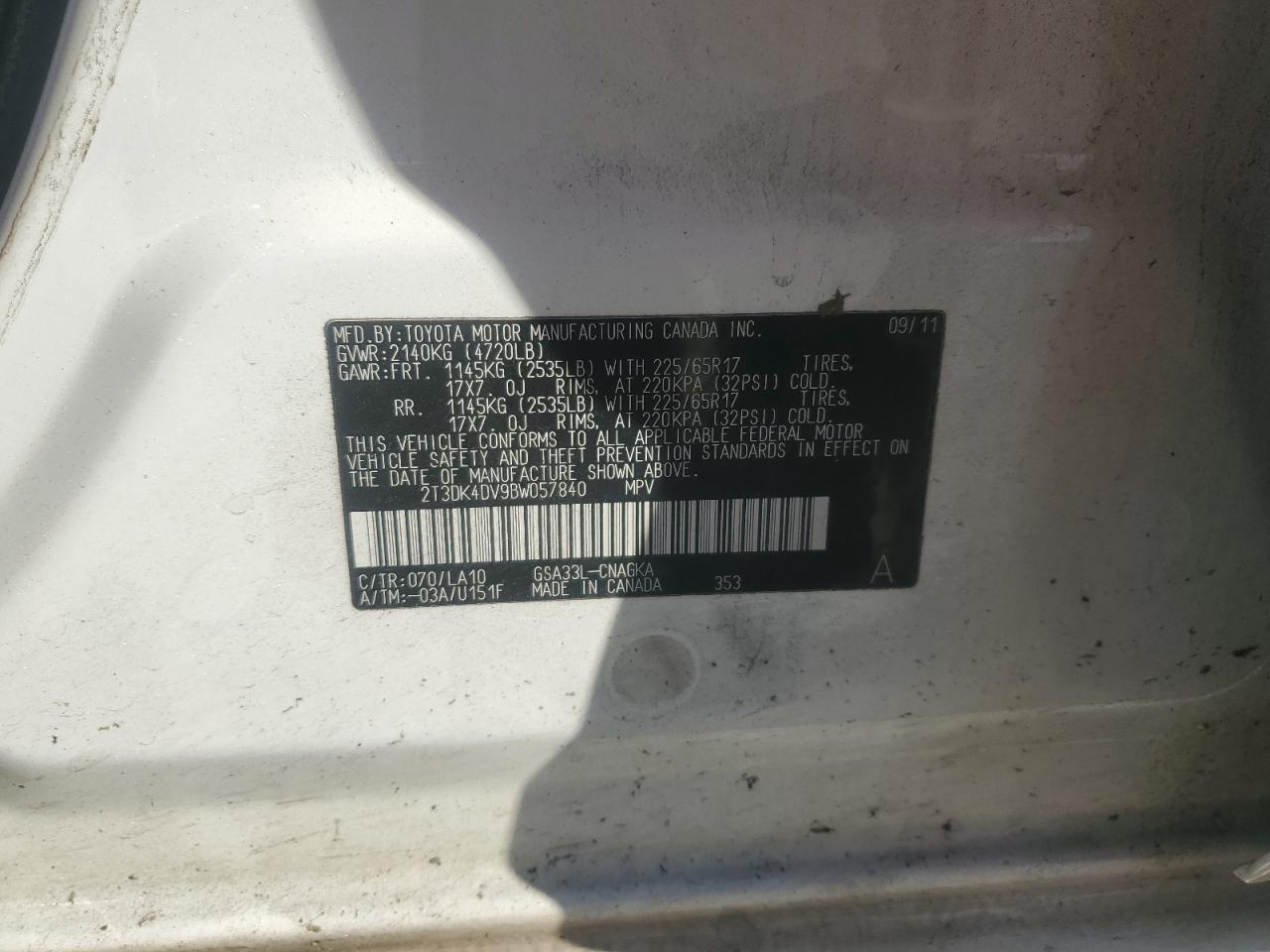 2011 Toyota Rav4 Limited VIN: 2T3DK4DV9BW057840 Lot: 91021785