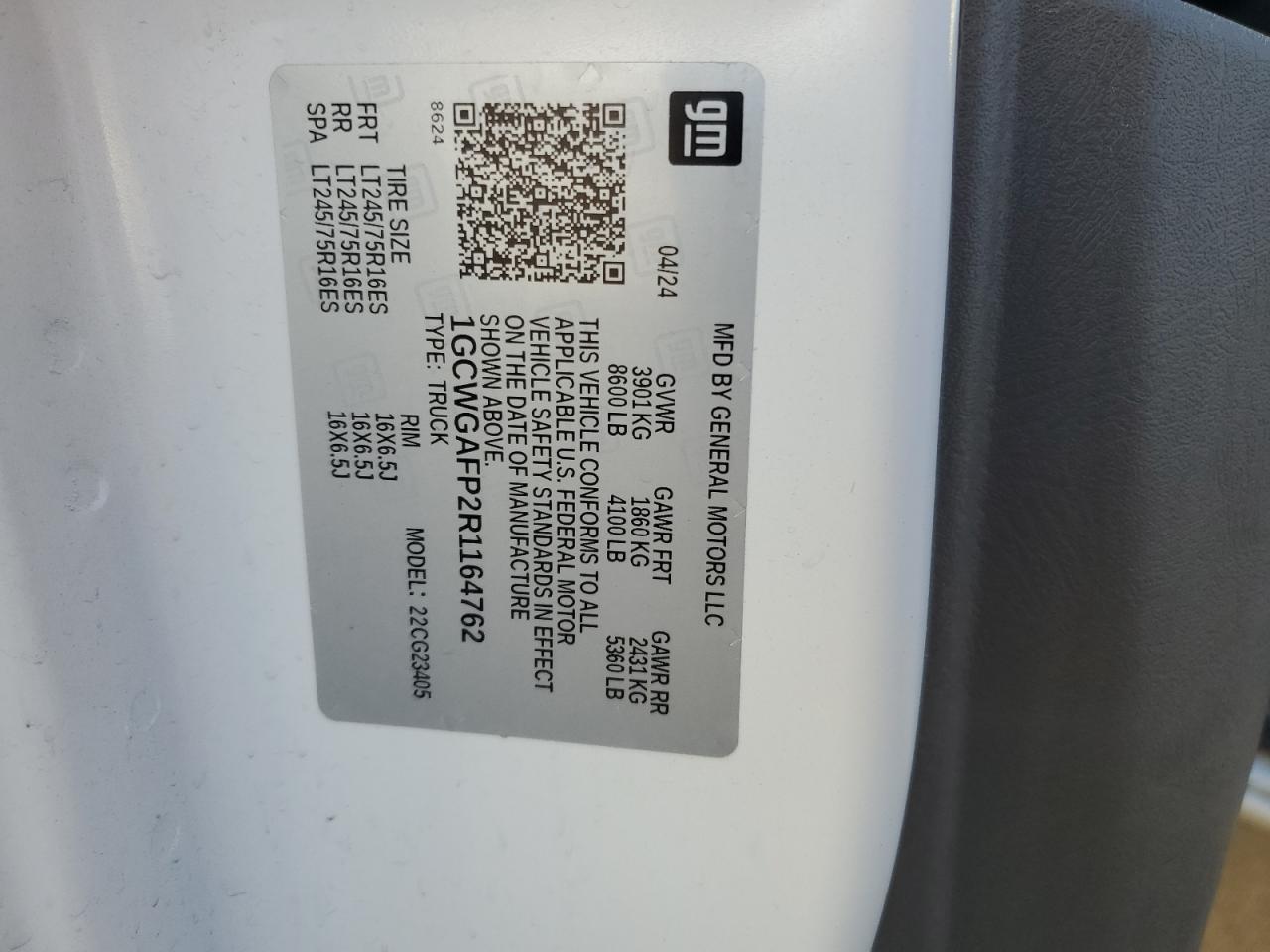 2024 Chevrolet Express G2500 VIN: 1GCWGAFP2R1164762 Lot: 86112145